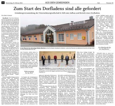 PNP Artikel über den Dorfladen Haselbach/Gründungsveranstaltung